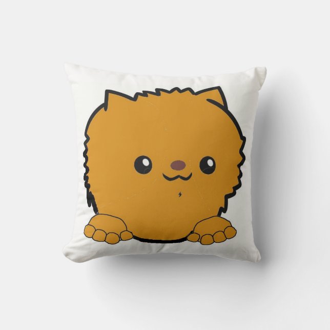 Pomeranian gluurt oranje kussen (Voorkant)