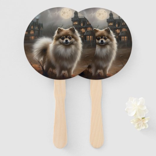 Pomeranian Halloween Griezelen Handwaaier (Voorkant en achterkant)