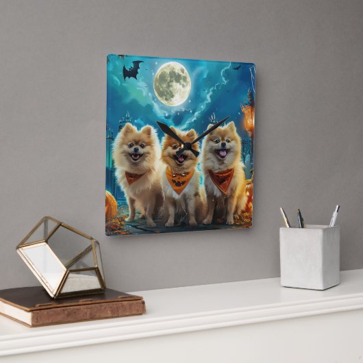 Pomeranian Halloween Griezelig Vierkante Klok (Kantoor)