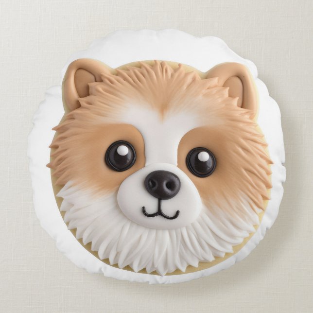 Pomeranian Hond 3D Geïnspireerd Rond Kussen (Voorkant)