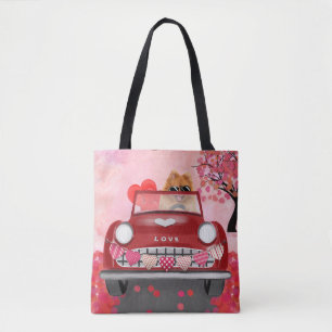 Pomeranian hond auto met harten Valentijnsdag Tote Bag
