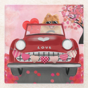 Pomeranian Hond Auto met Hartjes Valentijnsdag  Glazen Onderzetter