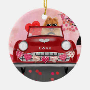 Pomeranian Hond Auto met Hartjes Valentijnsdag Keramisch Ornament