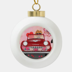 Pomeranian Hond Auto met Hartjes Valentijnsdag Keramische Bal Ornament