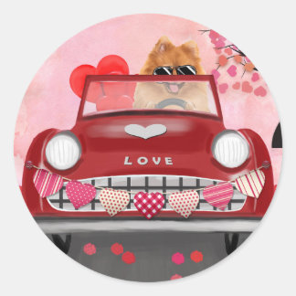 Pomeranian Hond Auto met Hartjes Valentijnsdag Ronde Sticker