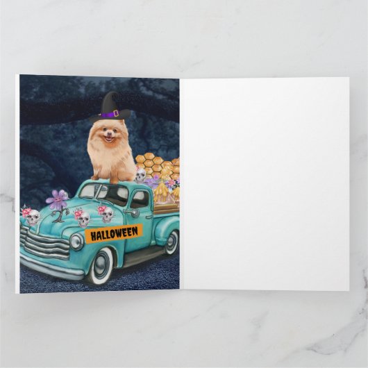 Pomeranian hond Halloween Truck Griezelnacht   Kaart (Binnen)