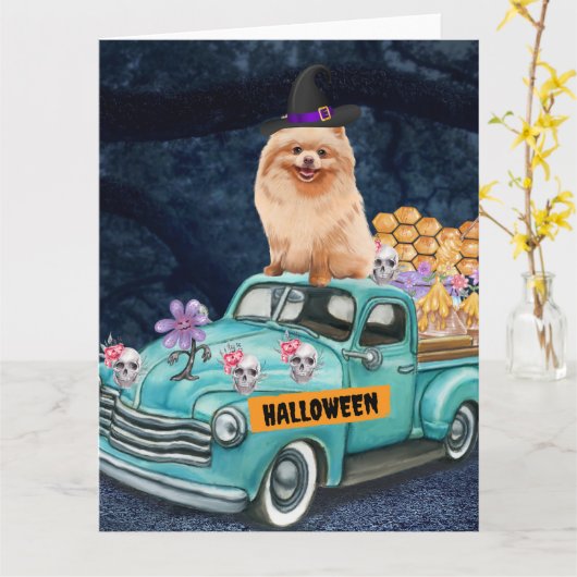 Pomeranian hond Halloween Truck Griezelnacht   Kaart (Gele Bloem)