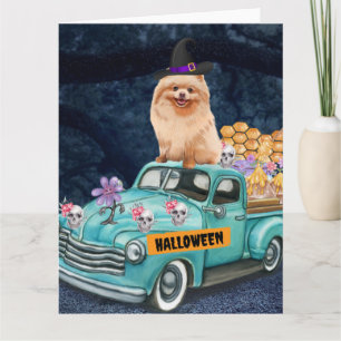 Pomeranian hond Halloween vrachtwagen griezelige n Kaart