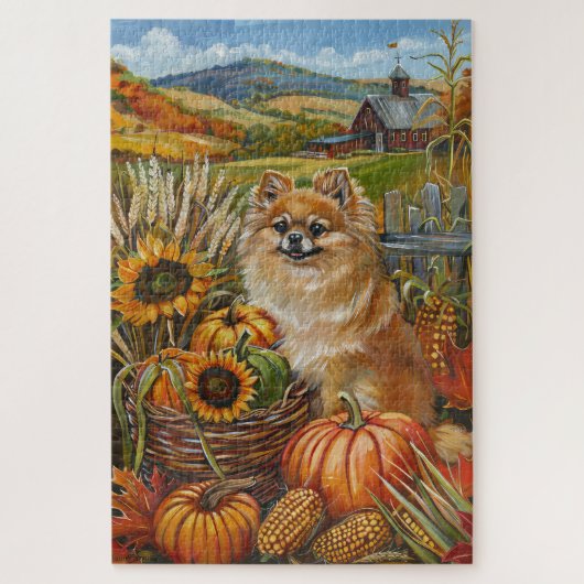 Pomeranian hond herfst oogst thanksgiving legpuzzel (Verticaal)