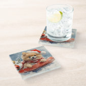 Pomeranian hond in slee laat het sneeuwen Kerstmis Glazen Onderzetter (Schuin)