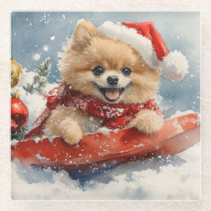 Pomeranian hond in slee laat het sneeuwen Kerstmis Glazen Onderzetter