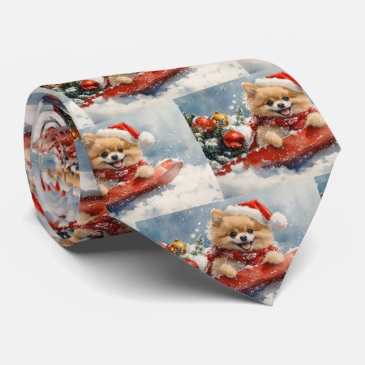 Pomeranian hond in slee Laat het sneeuwen Kerstmis Stropdas (Opgerold)