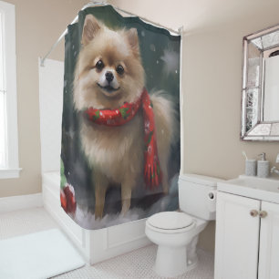 Pomeranian hond in sneeuw Kerstmis Douchegordijn