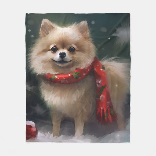 Pomeranian hond in sneeuw Kerstmis Fleece Deken (Voorkant)