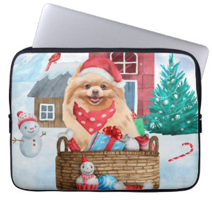 Pomeranian hond in sneeuw Kerstmis hondenhok Laptop Sleeve