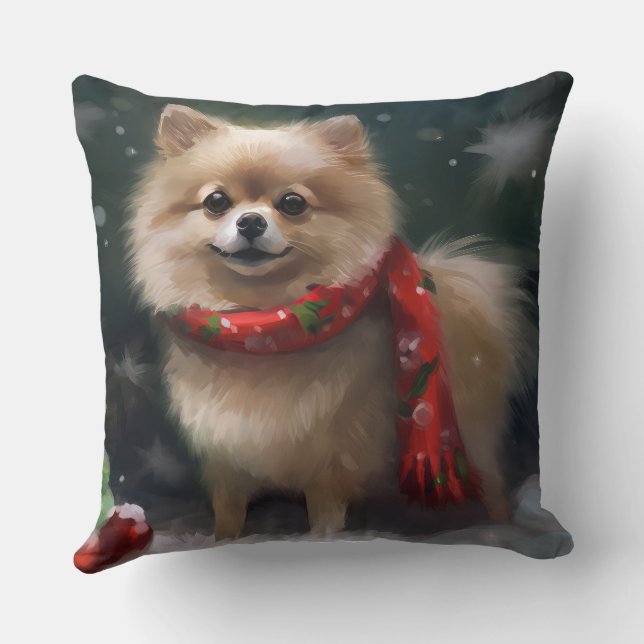 Pomeranian hond in sneeuw Kerstmis Kussen (Achterkant)
