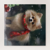 Pomeranian hond in sneeuw Kerstmis Legpuzzel (Horizontaal)