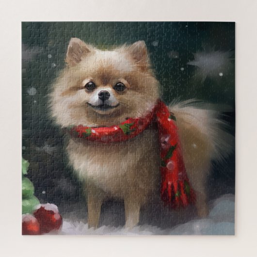 Pomeranian hond in sneeuw Kerstmis Legpuzzel (Verticaal)