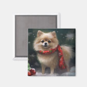 Pomeranian hond in sneeuw Kerstmis Magneet (Voorkant / Achterkant)