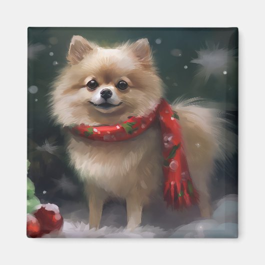 Pomeranian hond in sneeuw Kerstmis Magneet (Voorkant)