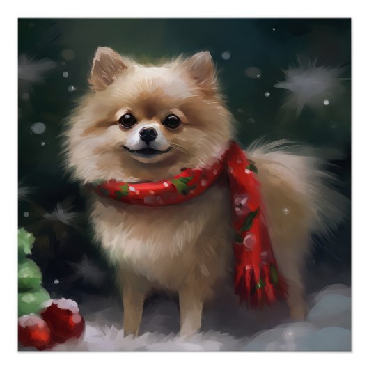 Pomeranian hond in sneeuw Kerstmis Perfect Poster (Voorkant)