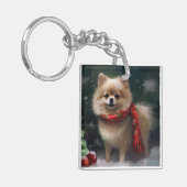 Pomeranian hond in sneeuw Kerstmis Sleutelhanger (Voorkant Links)