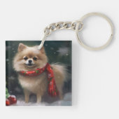 Pomeranian hond in sneeuw Kerstmis Sleutelhanger (Achterkant)