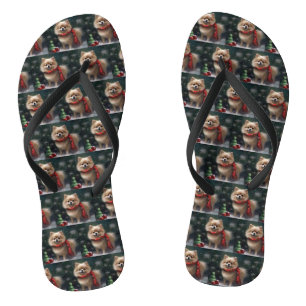 Pomeranian hond in sneeuw Kerstmis Teenslippers