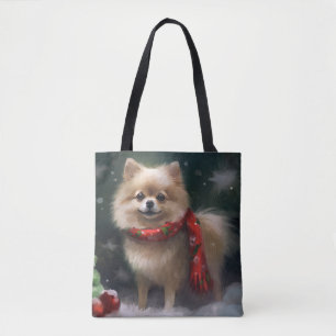 Pomeranian hond in sneeuw Kerstmis Tote Bag