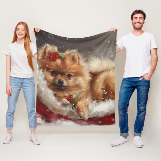 Pomeranian Hond Kerst Festiviteit Fleece Deken (In situ)