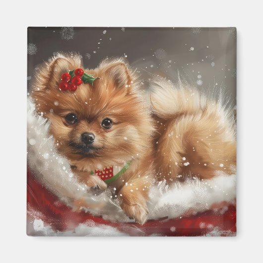Pomeranian Hond Kerst Festiviteit Magneet (Voorkant)