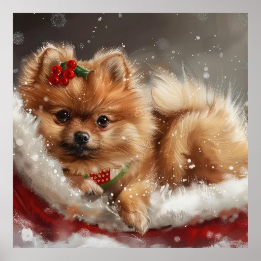 Pomeranian Hond Kerst Festiviteit Poster (Voorkant)