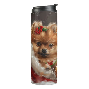 Pomeranian Hond Kerst Festiviteit Thermosbeker