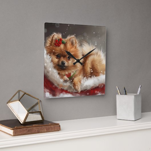 Pomeranian Hond Kerst Festiviteit Vierkante Klok (Kantoor)