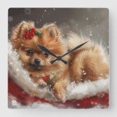 Pomeranian Hond Kerst Festiviteit Vierkante Klok (Voorkant)