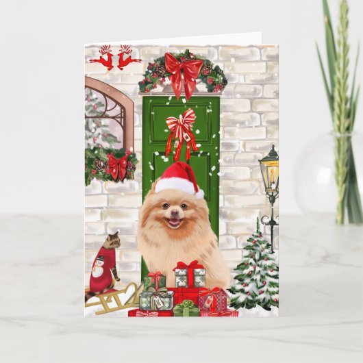 Pomeranian hond kerst   kaart (Voorkant)