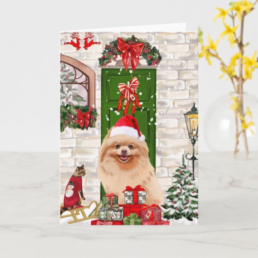 Pomeranian hond kerst   kaart (Gele Bloem)