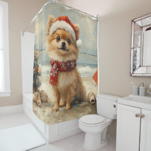 Pomeranian Hond Kerstmis Vintage Strand Douchegordijn