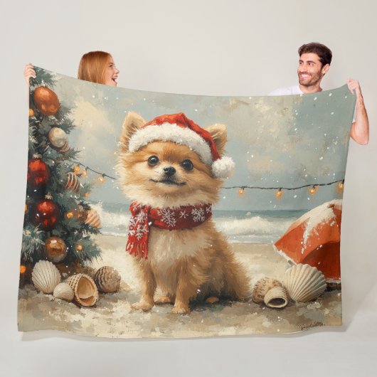 Pomeranian Hond Kerstmis Vintage Strand Fleece Deken (In situ)