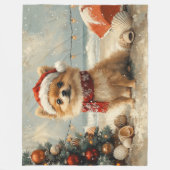 Pomeranian Hond Kerstmis Vintage Strand Fleece Deken (Voorkant)