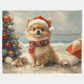 Pomeranian Hond Kerstmis Vintage Strand Fleece Deken (Voorkant (Horizontaal))