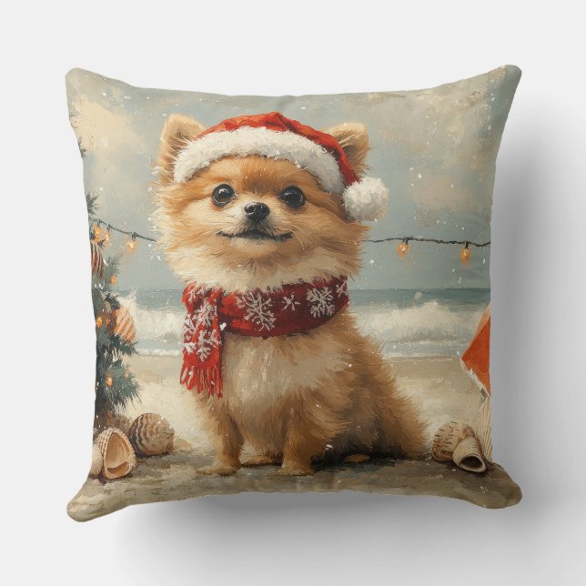 Pomeranian Hond Kerstmis Vintage Strand Kussen (Achterkant)