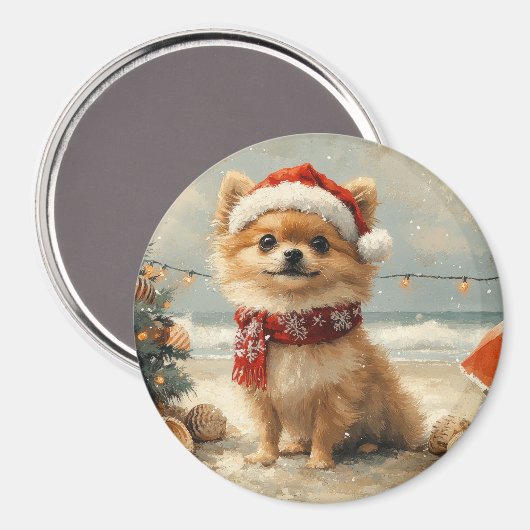 Pomeranian Hond Kerstmis Vintage Strand Magneet (Voorkant / Achterkant)