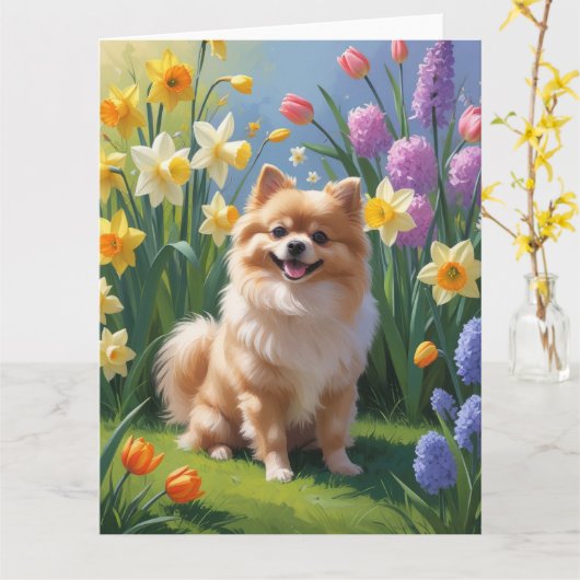 Pomeranian hond lente bloemen schilderij  kaart (Gele Bloem)