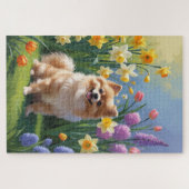 Pomeranian hond lente bloemen schilderij legpuzzel (Horizontaal)