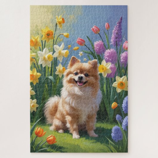 Pomeranian hond lente bloemen schilderij legpuzzel (Verticaal)