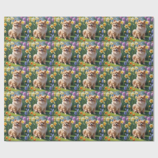 Pomeranian Hond Lentere Bloemen Schilderij Cadeaupapier (Vlak)