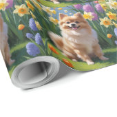Pomeranian Hond Lentere Bloemen Schilderij Cadeaupapier (Rol Hoek)