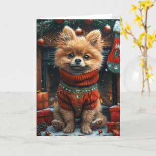 Pomeranian hond met kerstcadeaus open haard kaart