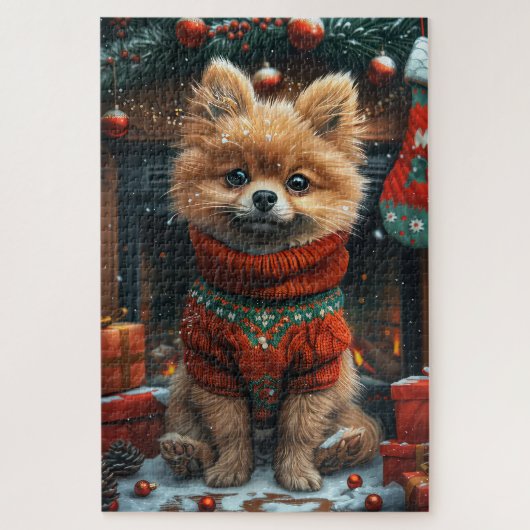 Pomeranian Hond Met Kerstcadeaus Open Haard Legpuzzel (Verticaal)